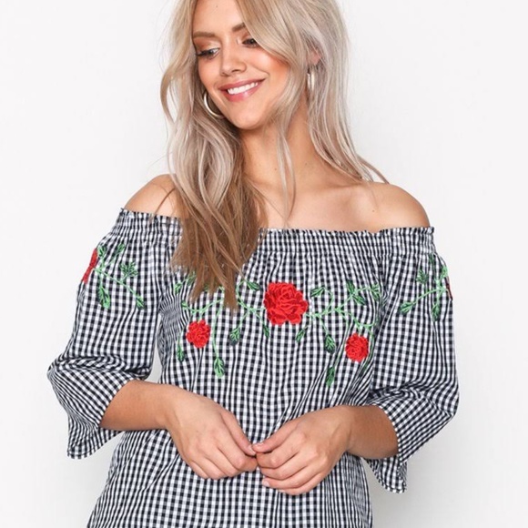 Black and White Checkered Gingham Rose Embroidered Off the Shoulder Top - Picture 1 of 11